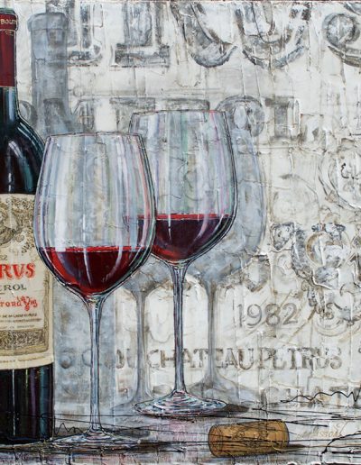 Tableau grand vin de bordeaux - Petrus Pomerol avec fond en étiquette
