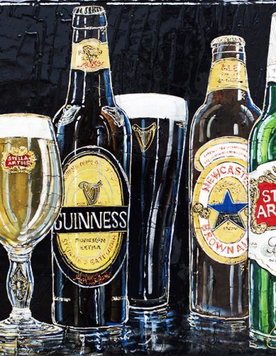 Tableau fond noir - Bouteille de bières - Heineken - Stella Artois - Guinness - Newcastel