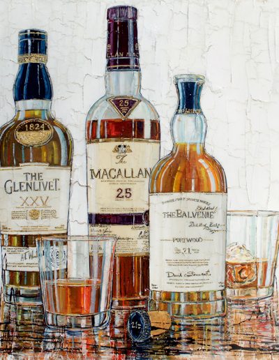 Tableau de bouteilles de whiskies - The Glenlivet - Macallan - The Balvenie