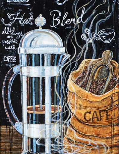 Cafetière italienne pour café expresso avec sac de graines de café et tasse à café fumante
