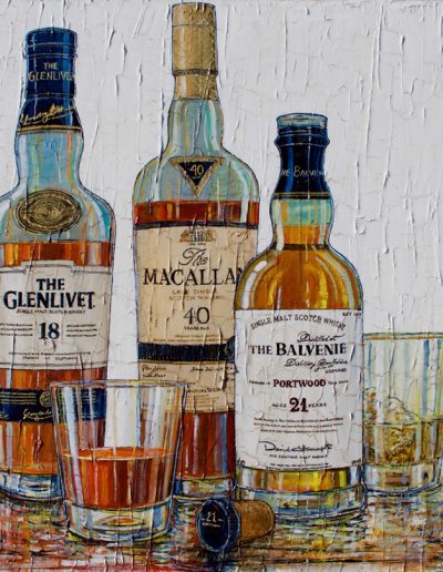 Bouteilles de whiskies The Glenlivet, Macallan, The Balvenie