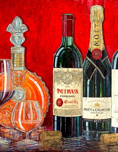 Bouteilles de vin français, bouteille de champagne Moët et Chandon, bouteille de cognac Remy Martin