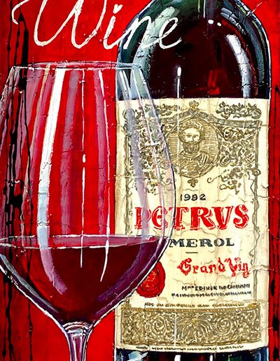 Toile d'une bouteille de Pétrus avec son verre sur fond rouge et marquage contemporain