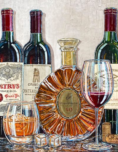 Bouteille de cognac l'Impérial et trois grandes bouteilles de vins de prestiges
