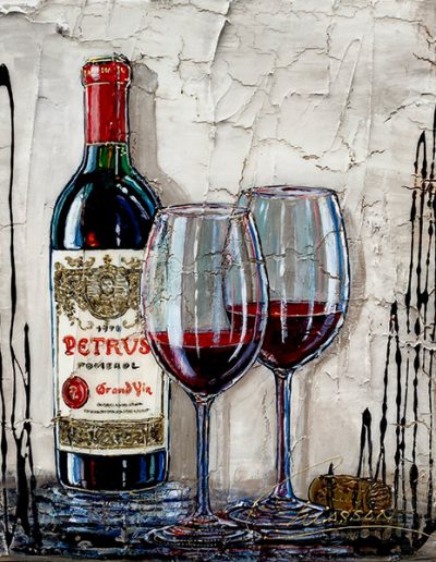 Tableau d'une bouteille de Pétrus avec 2 verres de vin