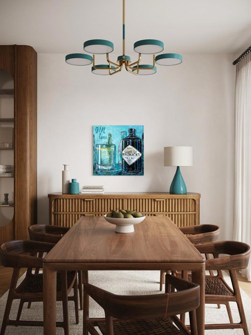 Œuvre originale « Vendredi Gin » de Nathalie Chiasson intégrée dans un décor intérieur