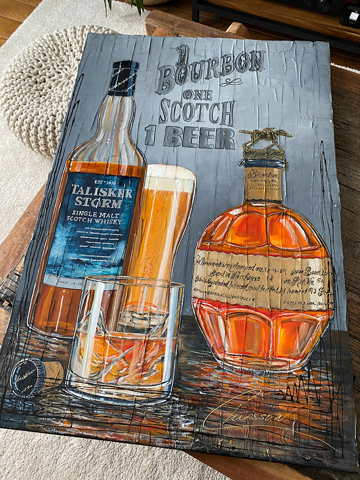 Œuvre originale de Nathalie Chiasson - 1 bourbon, one Scotch, 1 beer - 24x36