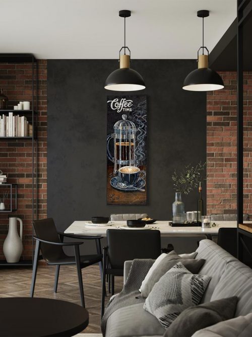 Œuvre originale « Coffee moments » de Nathalie Chiasson intégrée dans un décor intérieur
