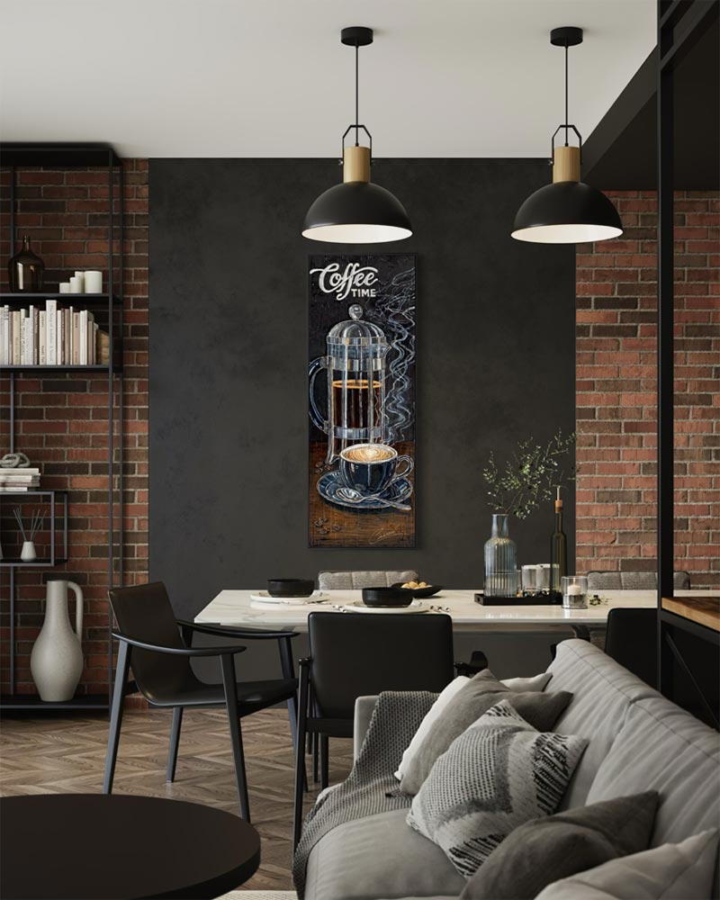 Œuvre originale « Coffee moments » de Nathalie Chiasson intégrée dans un décor intérieur