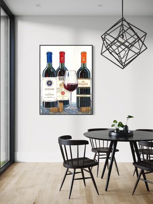 Œuvre originale « Sélection de ma cave » de Nathalie Chiasson intégrée dans un décor intérieur
