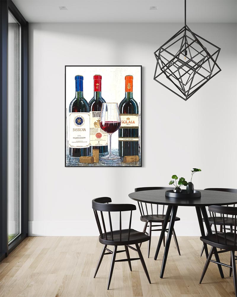 Œuvre originale « Sélection de ma cave » de Nathalie Chiasson intégrée dans un décor intérieur