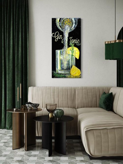 Œuvre originale « L'art du Gin » de Nathalie Chiasson intégrée dans un décor intérieur