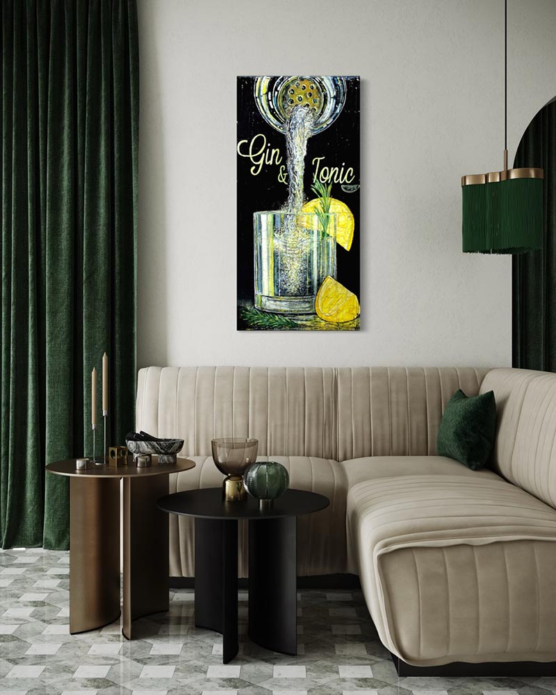 Œuvre originale « L'art du Gin » de Nathalie Chiasson intégrée dans un décor intérieur
