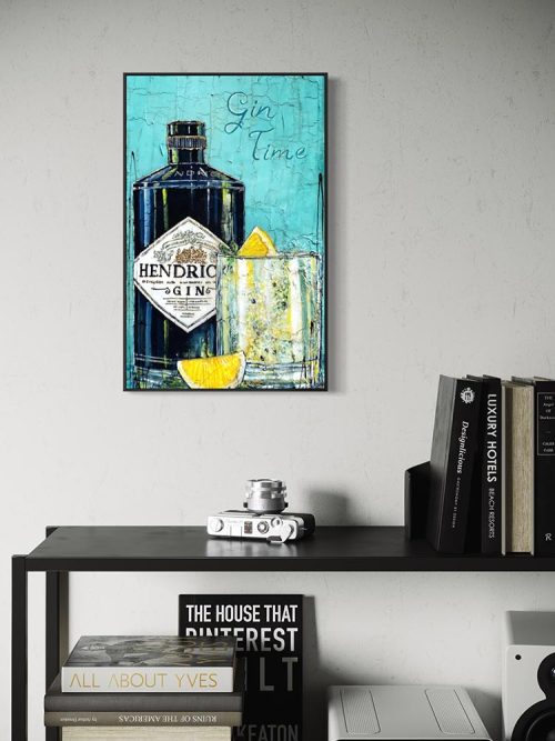 Œuvre originale « L'instant Gin » de Nathalie Chiasson intégrée dans un décor intérieur