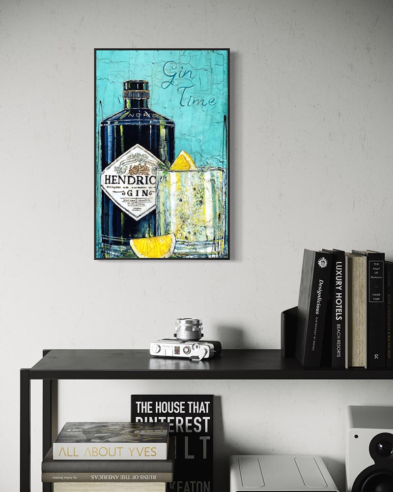 Œuvre originale « L'instant Gin » de Nathalie Chiasson intégrée dans un décor intérieur